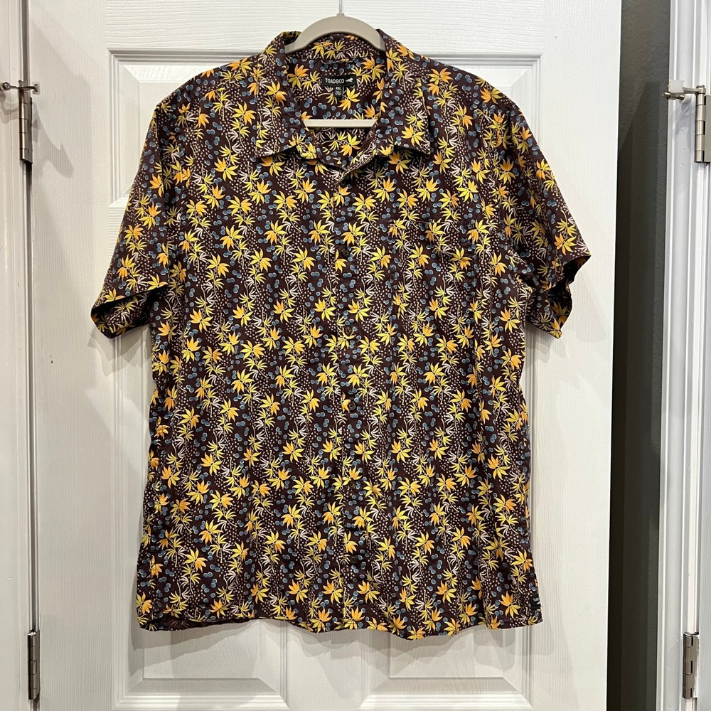 Toad&Co Button Down Organic Cotton Tropical Palm Print XXL Brown Yellow Mens
